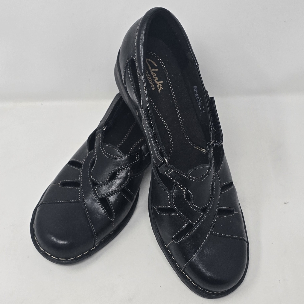 Clarks women 10 Ashland spin‎ shoes black leather Mary jane fisherman loafers